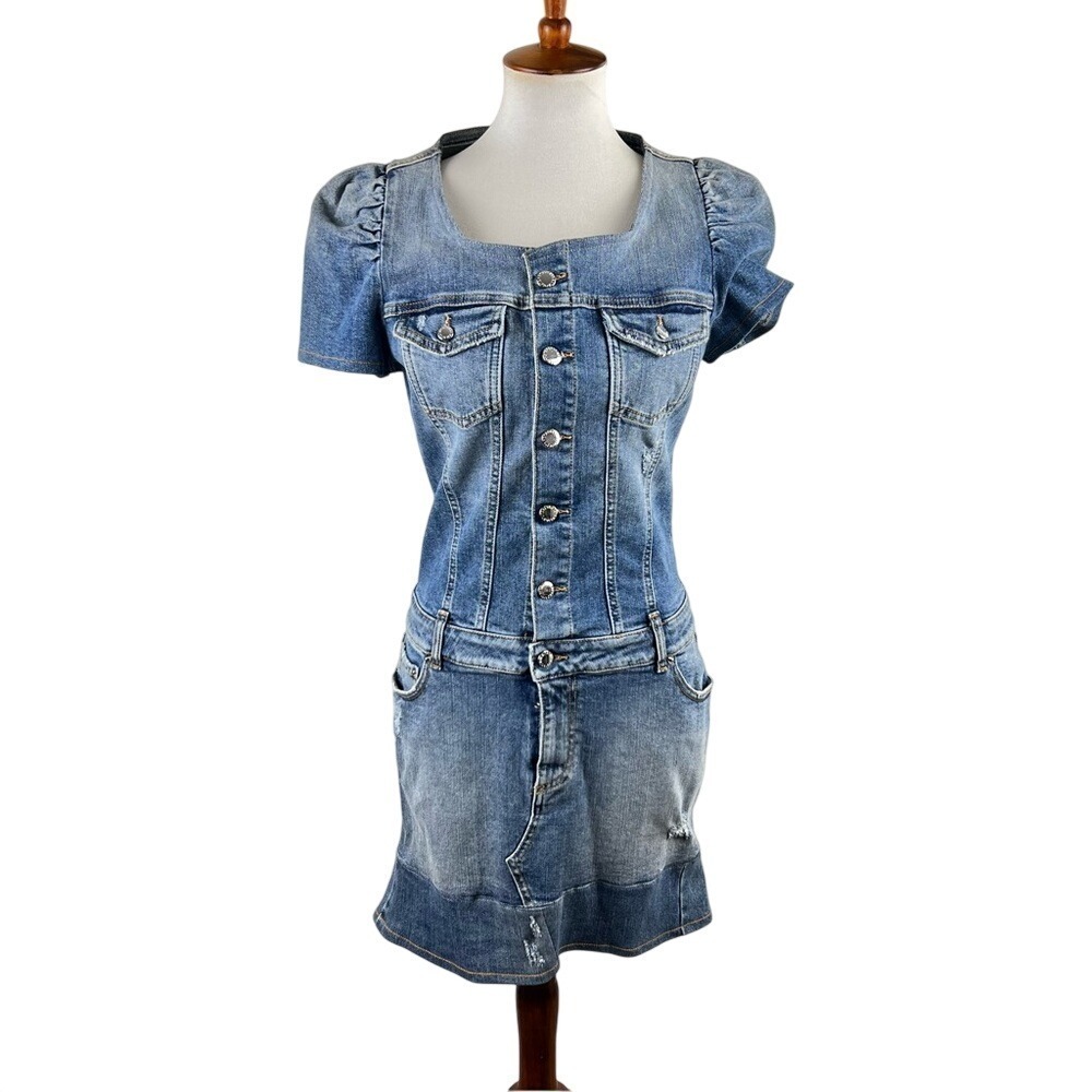 Retrofête Denim Sibi Mini Dress Puff Sleeve Square Neck Blue Wash Size M